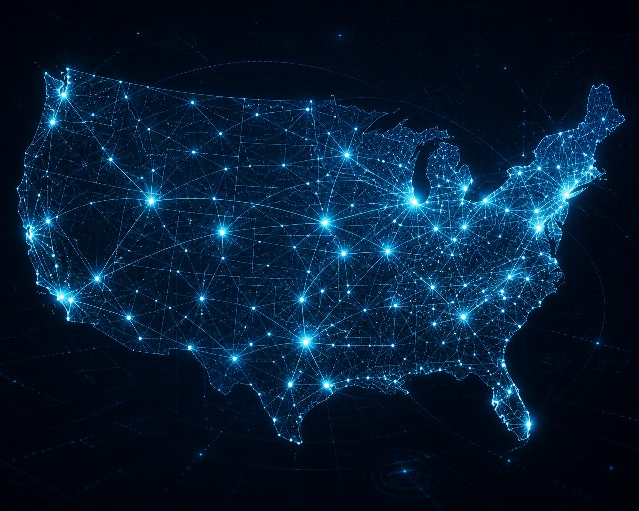 Illuminated network map of the United States showing nationwide coverage