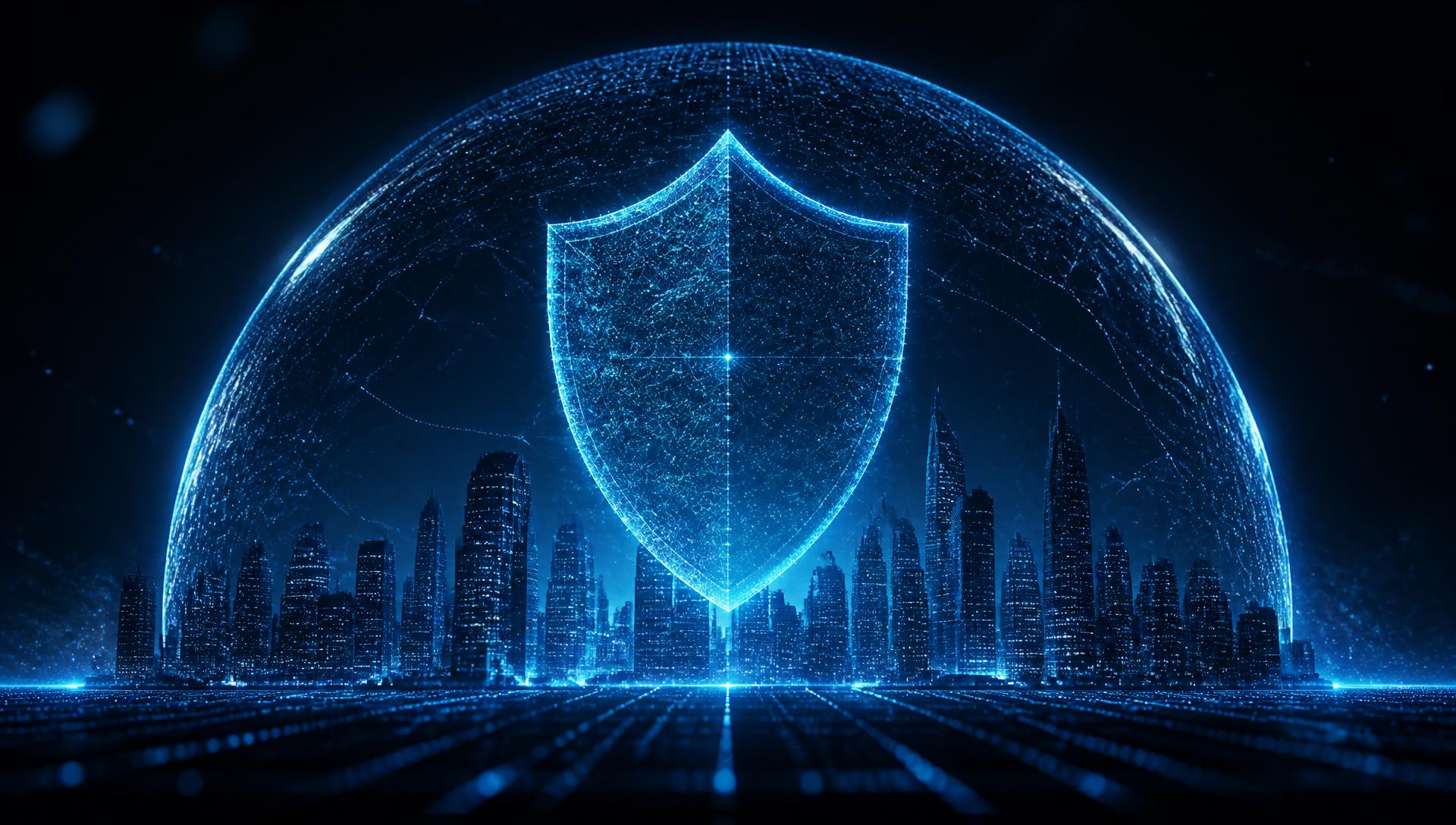 Digital protective shield of light over a city skyline