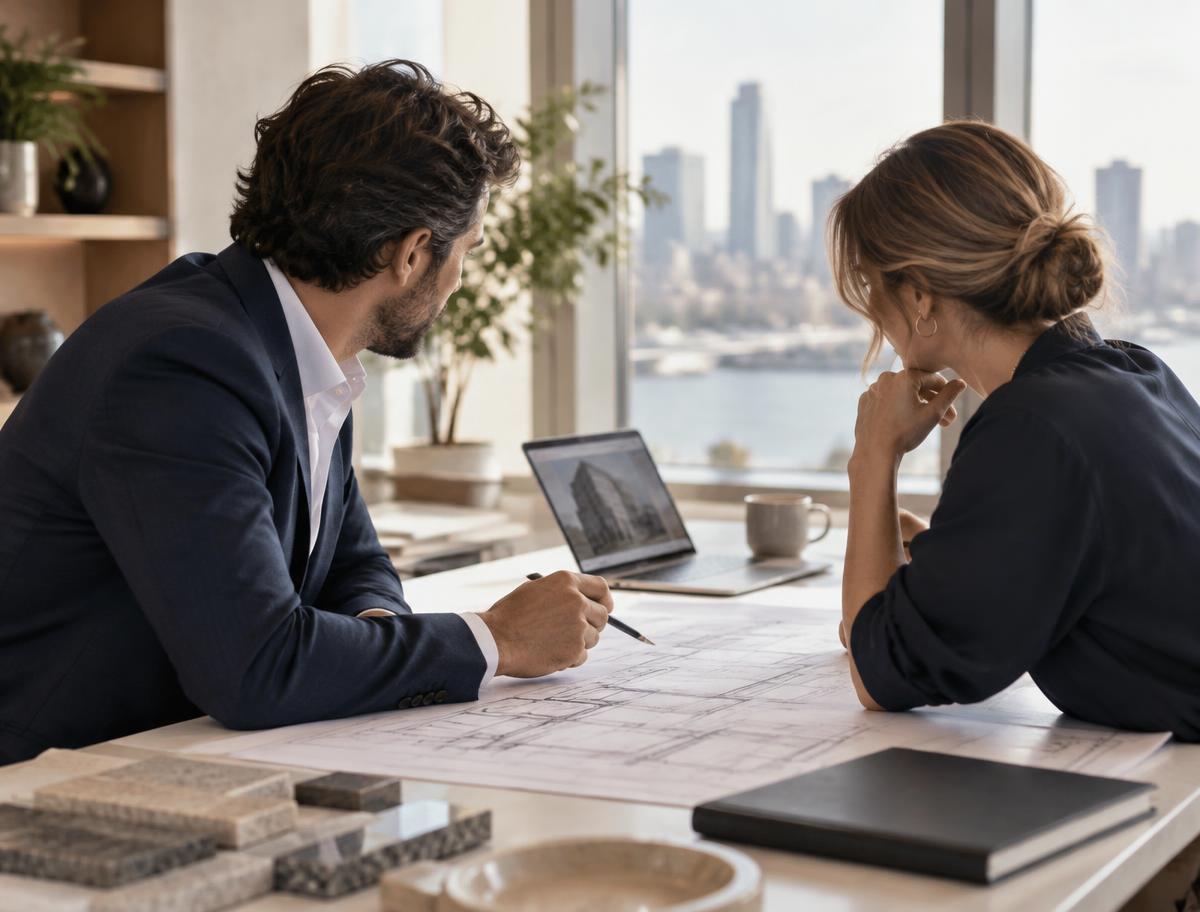 Business professionals reviewing plans together